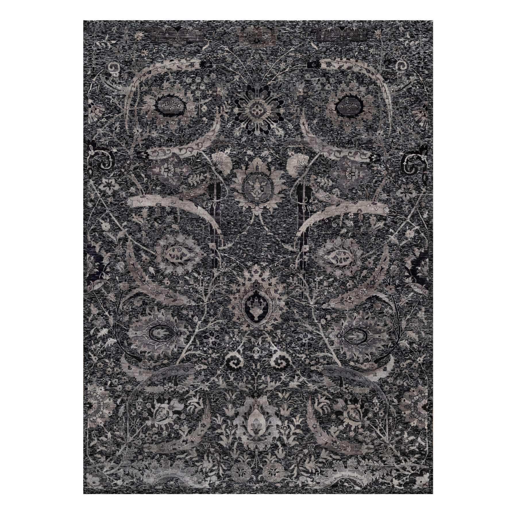 8'8"x11'10" Charcoal Black, Soft Pile, Sickle Leaf Design, Lush and Plush, Hand Knotted, Wool and Silk, Oriental Rug 